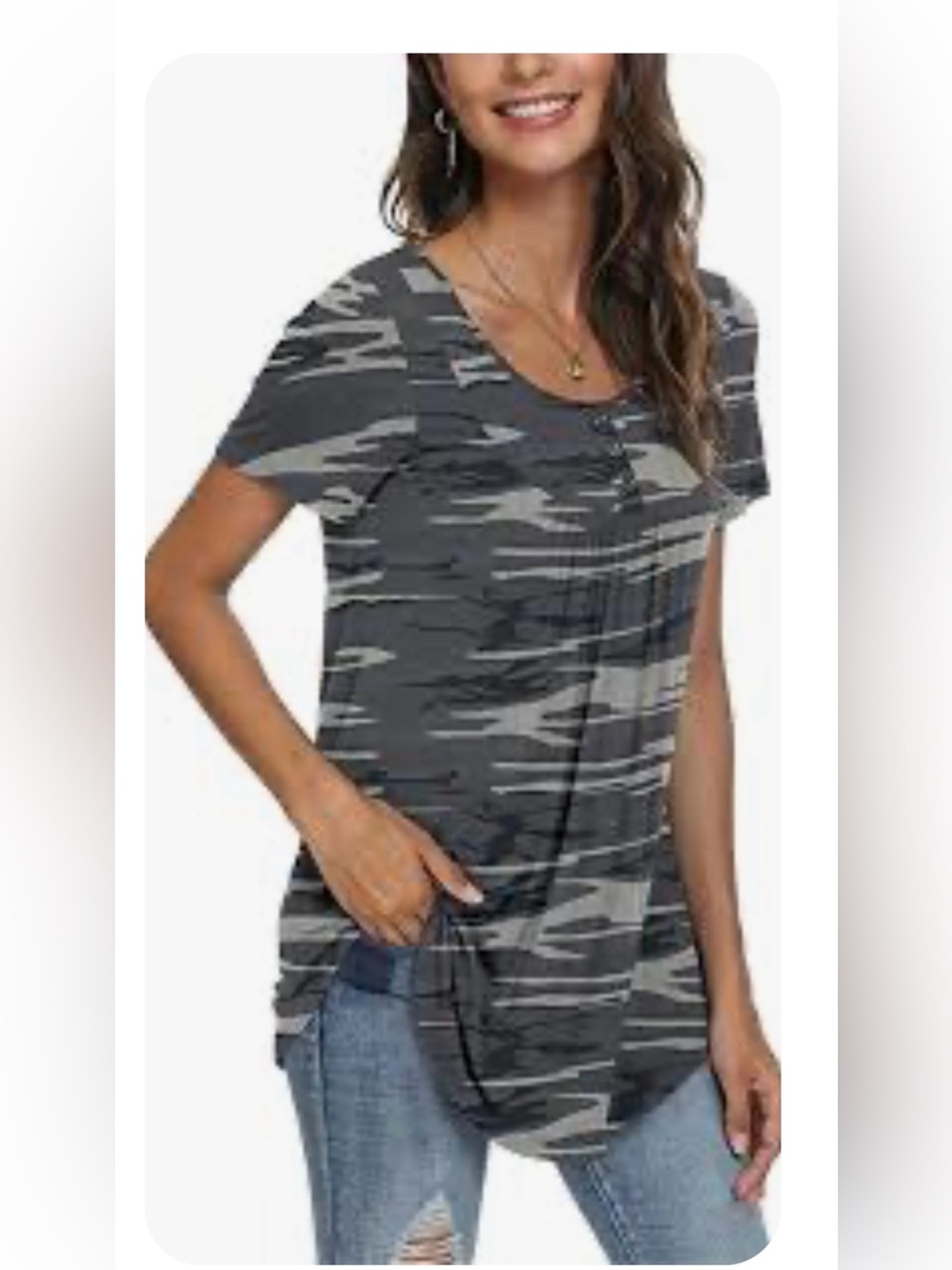 Casual Gray Camo Short Sleeve Pleated Tunic